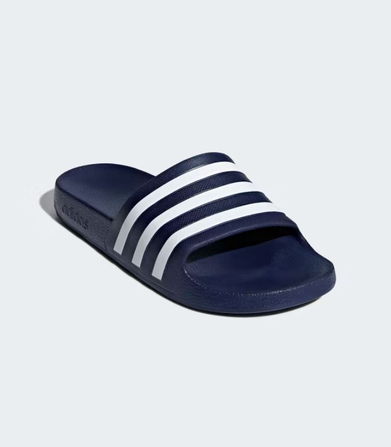 navy blue adidas sliders with white stripes